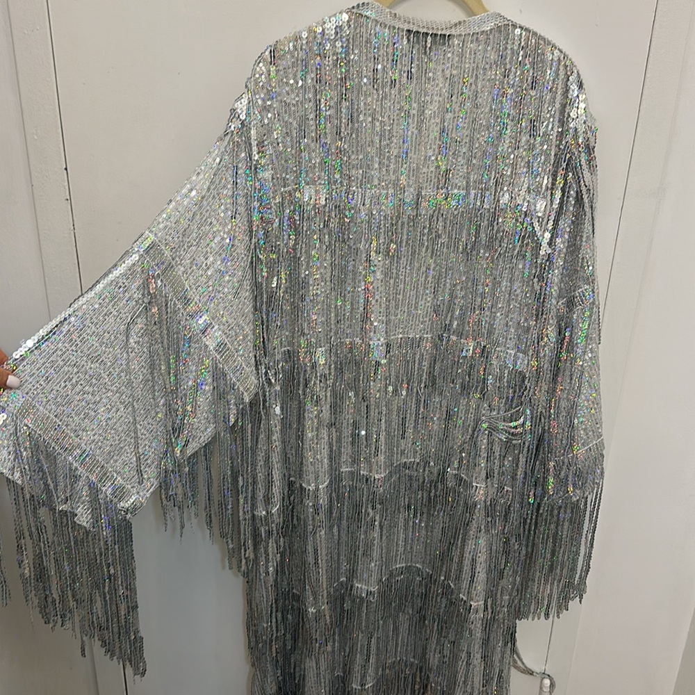 Dolls Kill Club Exx Glam All Night Sequin Fringe Duster Bling Rave Club XS/S